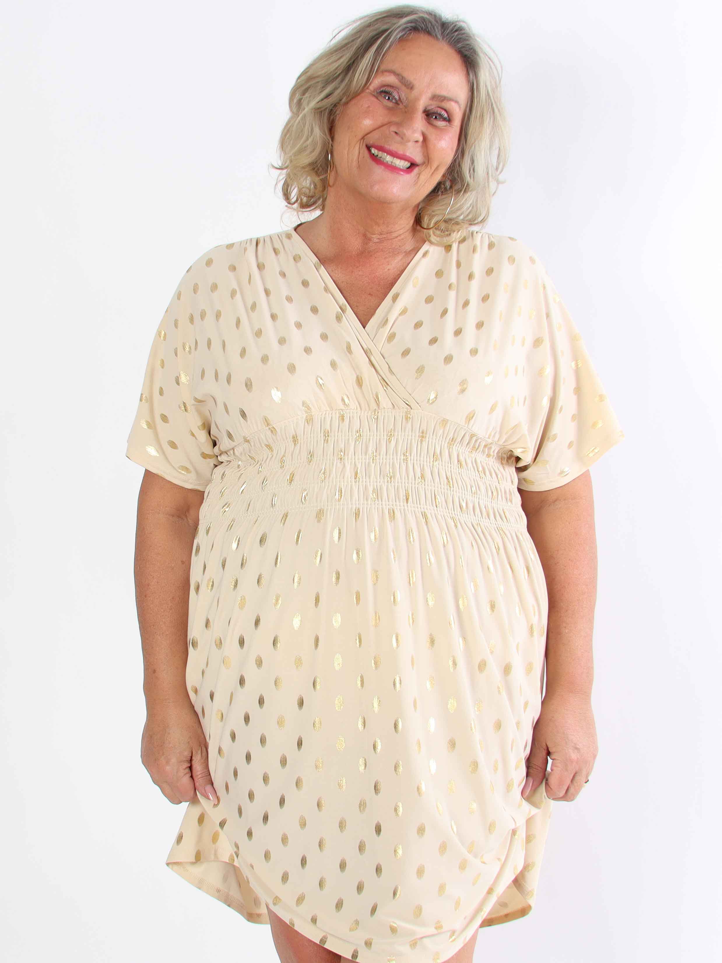 Pams Dot Short - Plus size elastisk kjole med guld prikker